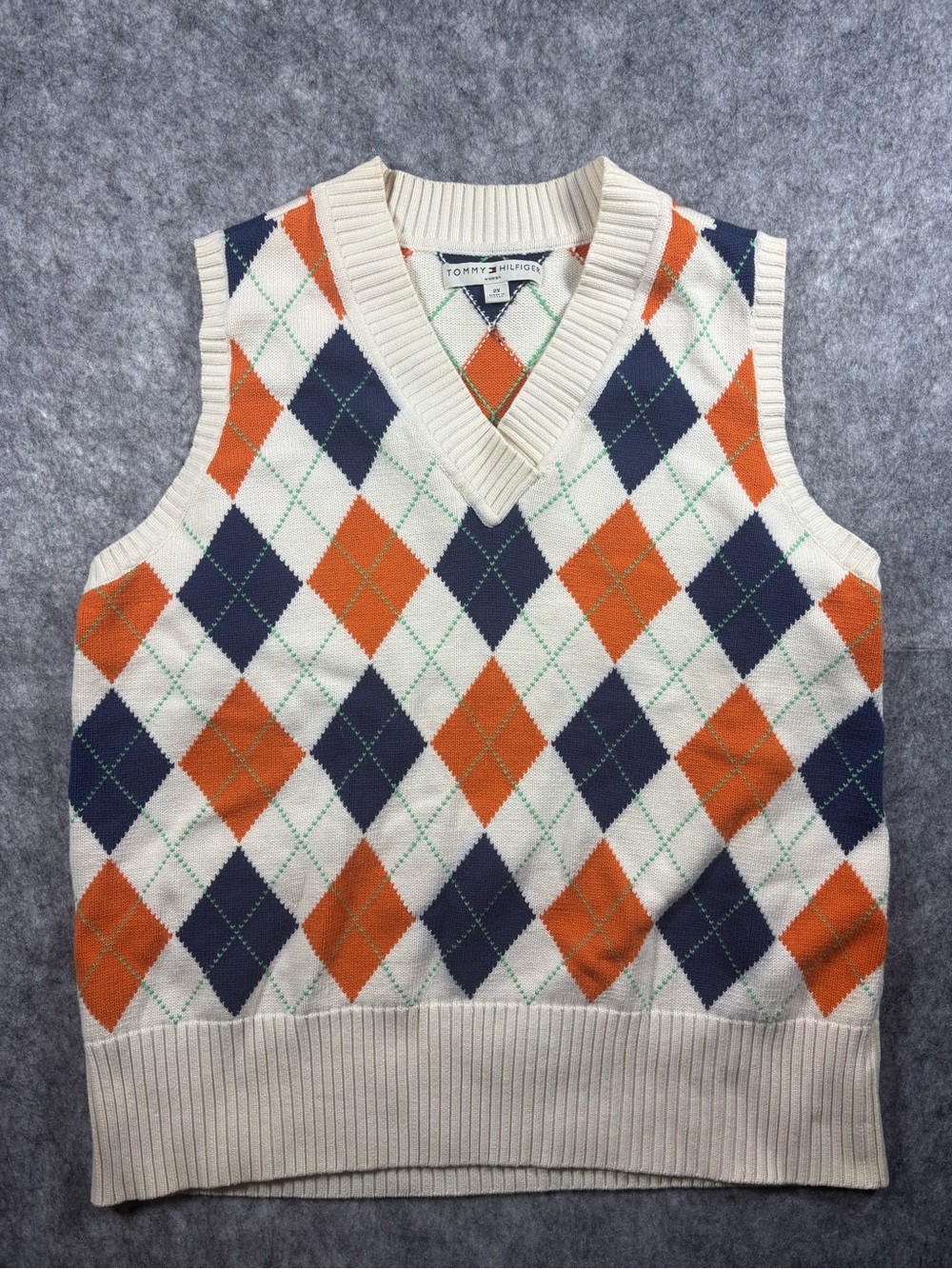 Tommy Hilfiger Women’s Sweater Vest V-Neck Cream Orange Navy Blue Size 2XL